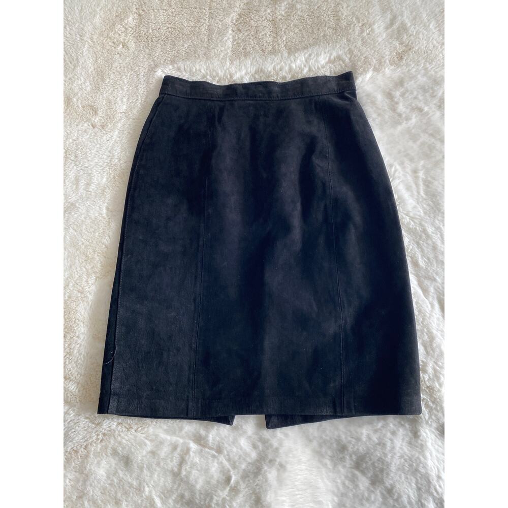 Vintage Express Black Suede‎ Leather Pencil Skirt High Waisted Back Slit Size 5